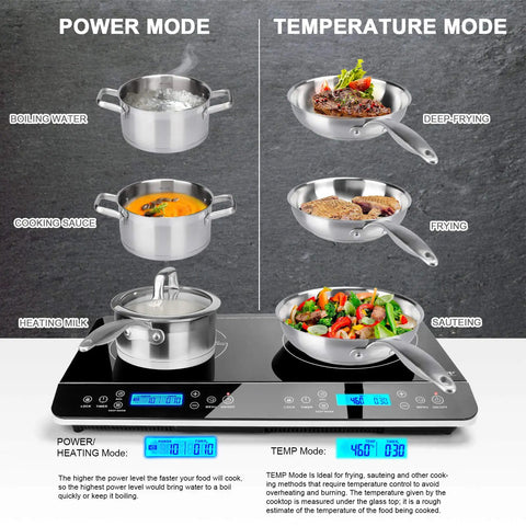 Duxtop Portable Double Induction Cooktop With 1800W Digital Electric Burner Sensor Touch Control And Lcd Display For Countertop Use showing boiling water, cooking sauce, and frying options.