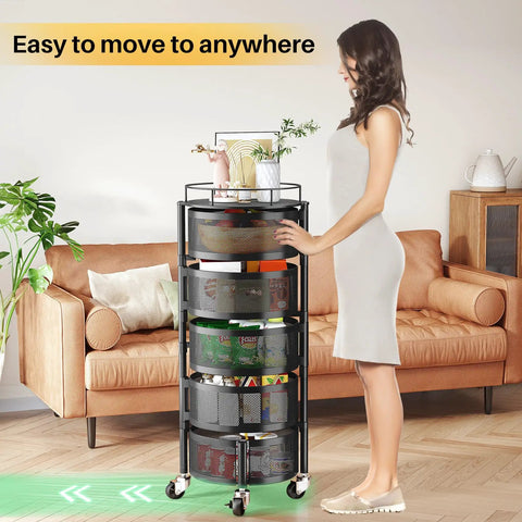 Large Black 5 Tier Rotating Fruit And Vegetable Storage Cart With Metal Top Lid On Wheels, 360 Degree Swivel Basket