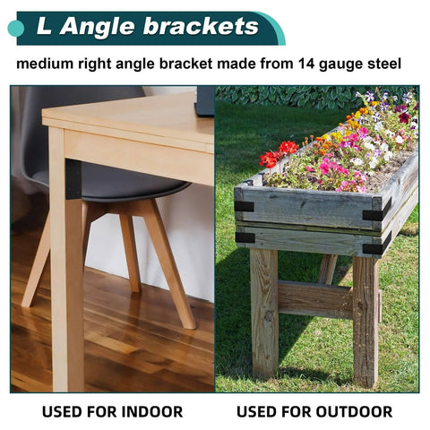 YVHFWOY 20-pack black 2mm steel L brackets (4x4x2 in) for wood; indoor desk use and outdoor garden bed brackets