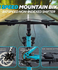 26 Inch Mountain Bike With 21 Speed Drivetrain Dual Disc Brakes And Front Suspension Fork Easy Setup With Comfort Saddle Durable High Carbon Steel MTB Frame For Trails And City Rides. Close-up of handlebars with non-indexed shifter on road.