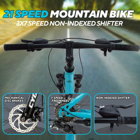 26 Inch Mountain Bike With 21 Speed Drivetrain Dual Disc Brakes And Front Suspension Fork Easy Setup With Comfort Saddle Durable High Carbon Steel MTB Frame For Trails And City Rides. Close-up of handlebars with non-indexed shifter on road.