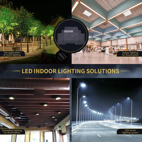 LED Indoor Lighting Solutions featuring various setups, including street and embedded lighting for illumination.