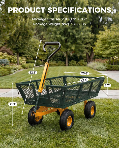 Heavy Duty Steel Garden Cart With 880 Lbs Capacity On Wheels Utility Wagon Removable Mesh Sides Convert To Flatbed Detachable Handle