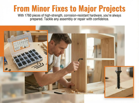 Man using Massive 1760 Piece Metric Screw Set M2 To M5 With Alloy Steel Hex Socket Head Cap Bolts And Nuts for woodwork.