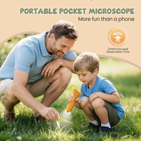 Portable Handheld Digital Microscope For Kids With 1000x Magnification Crystal Clear 1080p Images On A Two Inch IPS Screen Plug And Play USB Connection Easy To Use For Curious Minds To Explore The Micro World. father and child using an orange pocket microscope outdoors on grass