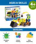 Gears Wrecker STEM Kit For Kids And Toddlers, 47 Piece Construction And Fine Motor Skills Set box with assembled gear vehicle.