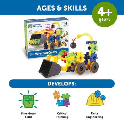 Gears Wrecker STEM Kit For Kids And Toddlers, 47 Piece Construction And Fine Motor Skills Set box with assembled gear vehicle.