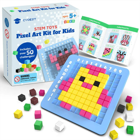 Pixel Art Kit For Kids Creative STEM Toy box with colorful pixel board, patterns booklet, cubes for ages 5 to 12.