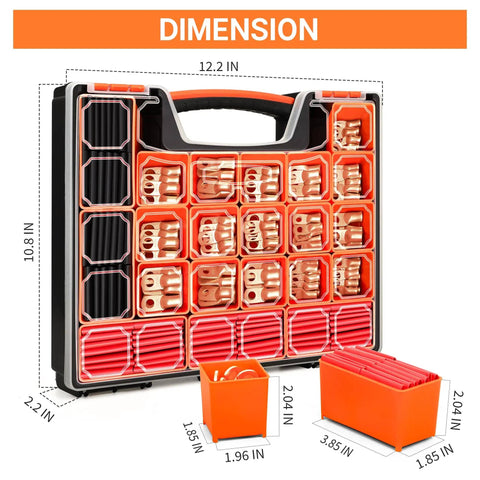 Beefy Battery Cable Ends Kit With 220 Pcs Copper Wire Lugs in organized case dimensions shown, includes heat shrink tubing compartments