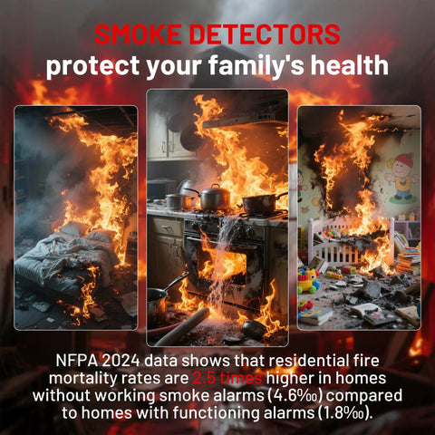 Three images showing interior home fires with heavy smoke and flames, emphasizing the importance of working smoke detectors.