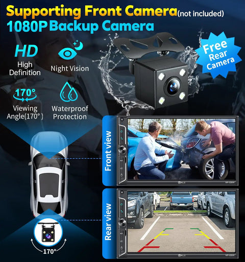 1080P backup camera feature on Dope 7 Inch Wireless Double Din Car Stereo With Apple CarPlay And Android Auto, waterproof protection.