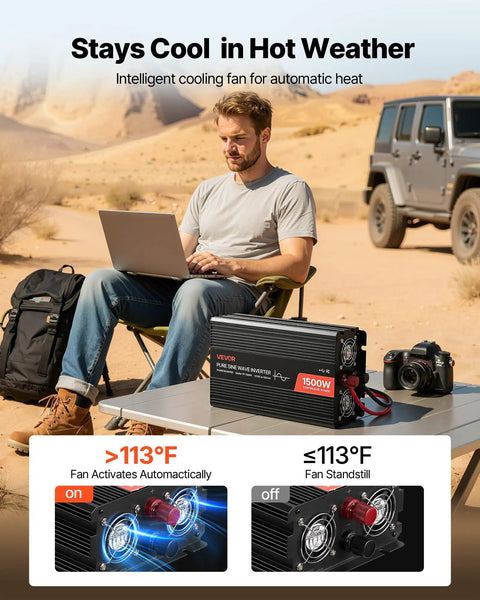 1500W Pure Sine Wave Power Inverter Transforms 12V Dc Into 120V Ac For Rv Trucks With Remote Control Usb Type C Fast Charge Ports in outdoor setting.