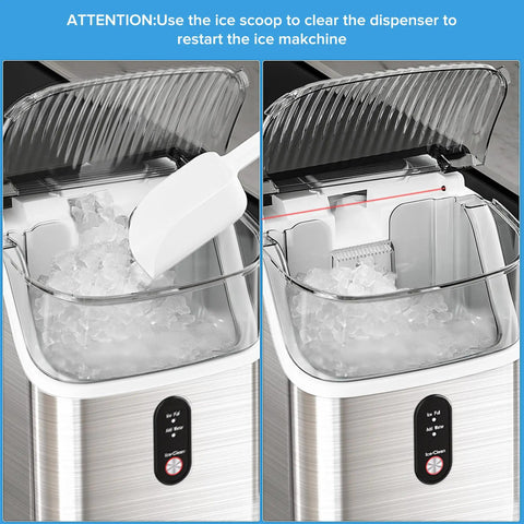 Nugget Ice Maker Countertop 34 Lbs Per Day Portable Ice Machine With Crushed Ice Self Cleaning One Click Operation For Home Kitchen Office Use Silver shown open with ice inside and scoop.