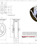 Hella Durable High Temp Phenolic Caster Set Featuring Eight Inch Swivel Plates Two Brake Wheels and Two Fixed Rigids Built To Carry Five Thousand Pounds Daily. Detailed technical drawing of 8-inch swivel caster with brake.