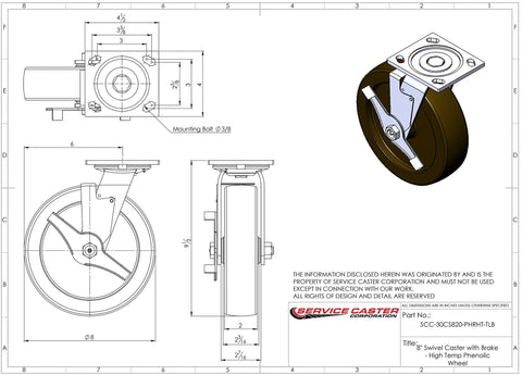 Hella Durable High Temp Phenolic Caster Set Featuring Eight Inch Swivel Plates Two Brake Wheels and Two Fixed Rigids Built To Carry Five Thousand Pounds Daily. Detailed technical drawing of 8-inch swivel caster with brake.