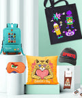 Valentine's themed gift set with a backpack, tote bag, pillow, cap, socks, and slippers, each featuring colorful designs.