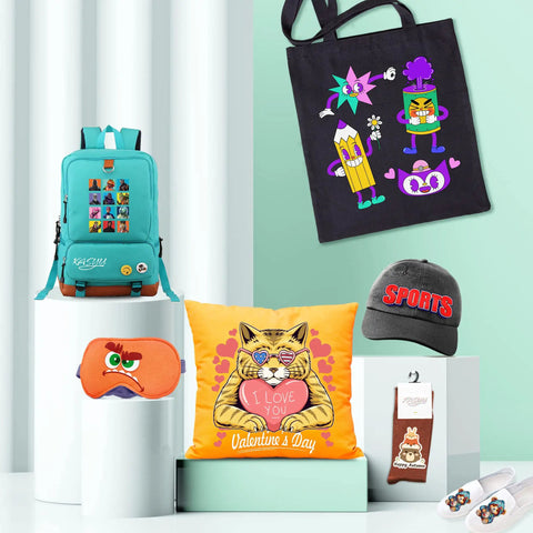 Valentine's themed gift set with a backpack, tote bag, pillow, cap, socks, and slippers, each featuring colorful designs.