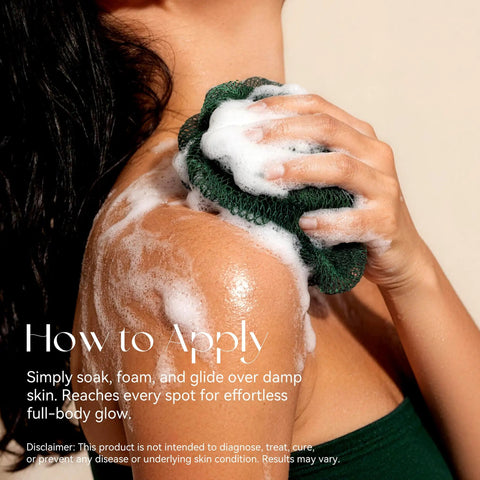 Woman using African Net Sponge Exfoliating Bath Loofah for deep cleansing, showing foaming action on shoulder