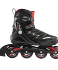 Budget Friendly Beginner Fitness Inline Skates For Men, black and red, with supportive shell and top buckle, side view.