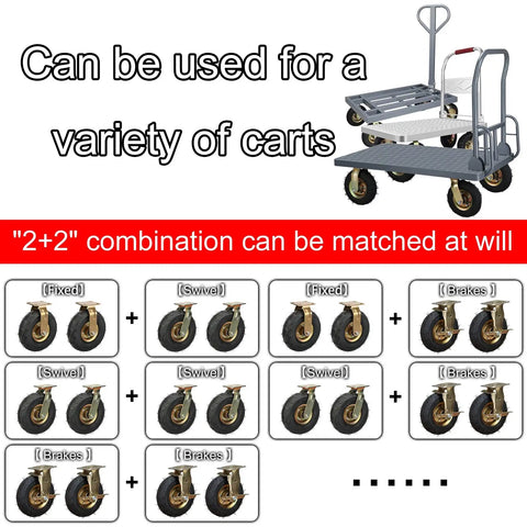 Smooth Operator Heavy Duty Industrial Casters used on carts, showcasing fixed and swivel configurations with rubber wheels.