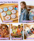 Lavender Purple Button Maker Machine With 30 Complete Pin Press Parts And Totally Rad DIY Badge Crafting Kit For Easy Peasy School Activities And Weekend Party Vibes displayed with custom buttons on backpack and table.