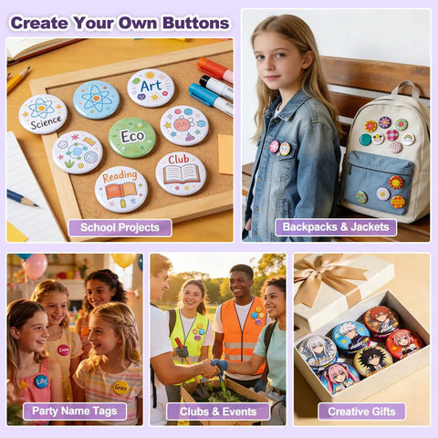 Lavender Purple Button Maker Machine With 30 Complete Pin Press Parts And Totally Rad DIY Badge Crafting Kit For Easy Peasy School Activities And Weekend Party Vibes displayed with custom buttons on backpack and table.