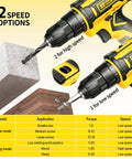 Close-up of 12V Cordless Drill With Rechargeable Battery And Fast Charger Three Eighth Inch Keyless Chuck showing speed settings and applications.