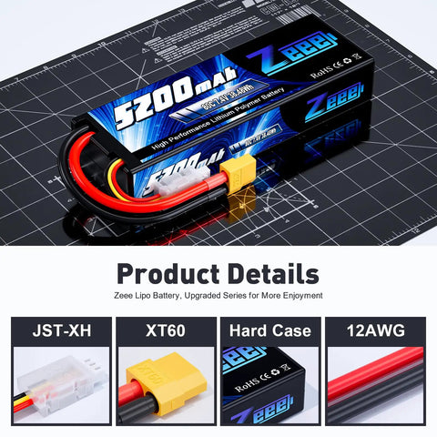 2S 5200mAh RC LiPo Battery 7.4V 80C with XT60 plug in hard case for 1/8 to 1/10 scale RC models, detailed with product specifications.