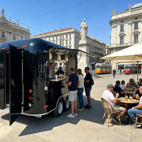 Slick 12 Foot Black Stainless Steel Commercial Food Trailer Equipped With Turnkey Mobile Beer Bar Station And Tough Catering Gear For A No Fuss Pop Up Hustle in a busy outdoor setting.