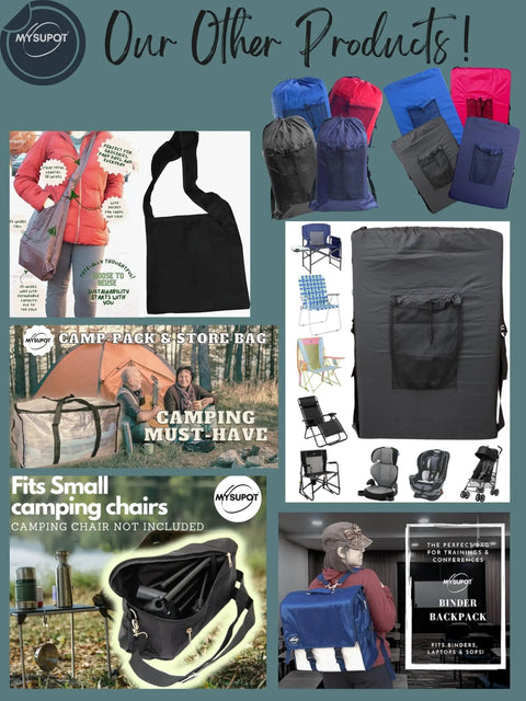 Our Other Products display with various camping bags, including Replacement Bag For Folding Camping Chair 40x7x7 Inch 420D Oxford.