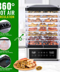 No Stress Food Dehydrator With Eight Stainless Steel Trays Smart Digital Timer displaying dried fruits and vegetables on trays.