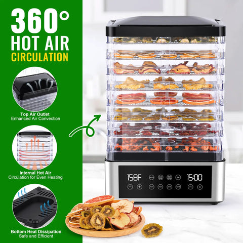 No Stress Food Dehydrator With Eight Stainless Steel Trays Smart Digital Timer displaying dried fruits and vegetables on trays.