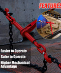 Beefy Heavy Duty Ratchet Chain Binder One Quarter To Five Sixteenths Inch With G70 Grab Hooks in red, shown securing a chain.