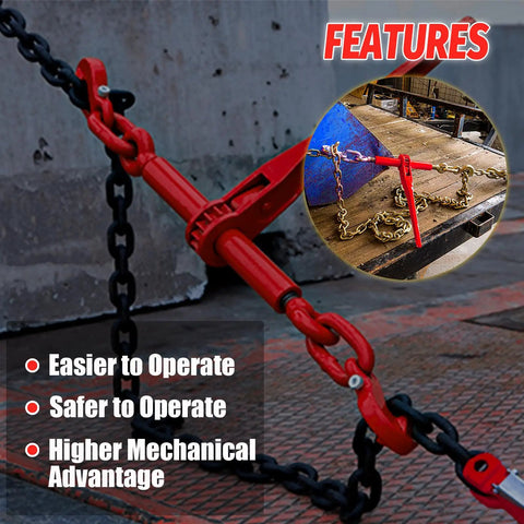 Beefy Heavy Duty Ratchet Chain Binder One Quarter To Five Sixteenths Inch With G70 Grab Hooks in red, shown securing a chain.