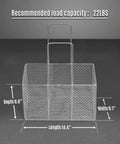 Wire mesh basket with handle for parts washing, dimensions 14.4" x 8.1" x 8.6", recommended load capacity 22LBS. Top Shelf Ultrasonic Parts Washer Uses Rock Solid Three Phase Power To Blast Stubborn Oil Grease And Machining Debris From Metal Tools Providing Consistent Heavy Duty Cleaning For Shop Floors Without Downtime Or Messy Chemicals Killing Your Profit Margins.