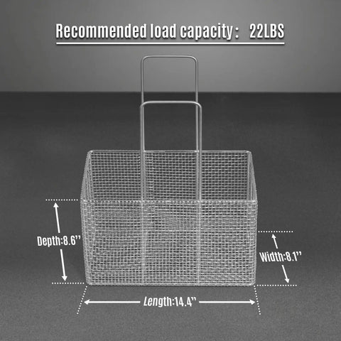 Wire mesh basket with handle for parts washing, dimensions 14.4" x 8.1" x 8.6", recommended load capacity 22LBS. Top Shelf Ultrasonic Parts Washer Uses Rock Solid Three Phase Power To Blast Stubborn Oil Grease And Machining Debris From Metal Tools Providing Consistent Heavy Duty Cleaning For Shop Floors Without Downtime Or Messy Chemicals Killing Your Profit Margins.