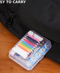 Travel Sewing Kit Grab And Go 38 Piece Portable Emergency Sewing Set with colorful threads shown next to a black bag.