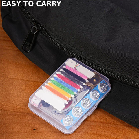 Travel Sewing Kit Grab And Go 38 Piece Portable Emergency Sewing Set with colorful threads shown next to a black bag.
