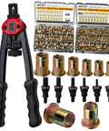 Pressure Rivet Nut Tool Kit, 770-Piece Imperial Rivet Nut Set shown with tool and various nut sizes for 3/8-16 to 6-32