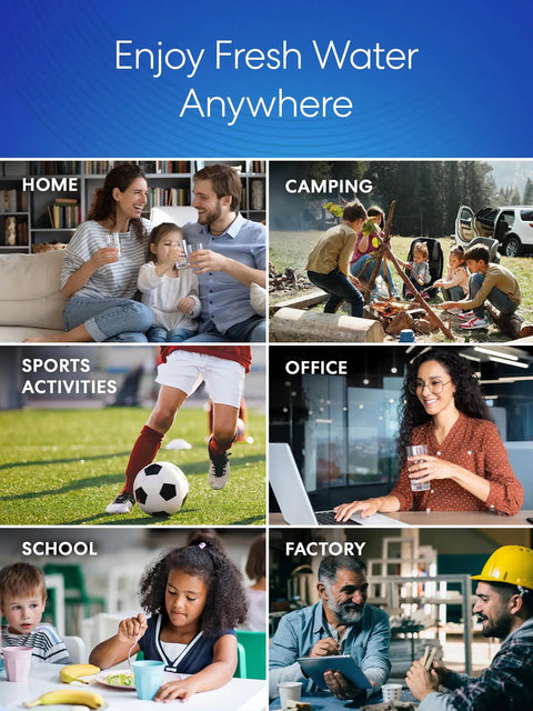 Collage of people using Universal Manual Drinking Water Pump for home, camping, office, sports, school, and factory environments.