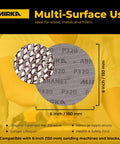 6 Inch Dust Free Sanding Discs For Orbital Sanders With Hook And Loop Mesh Pads showing close-up texture and measurements