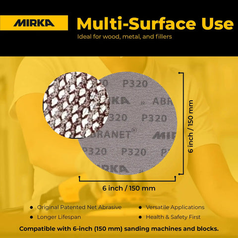 6 Inch Dust Free Sanding Discs For Orbital Sanders With Hook And Loop Mesh Pads showing close-up texture and measurements