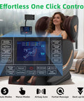 Woman using Zero Gravity Full Body Massage Chair With Upgraded 10 Roller Shiatsu System and control panel display.