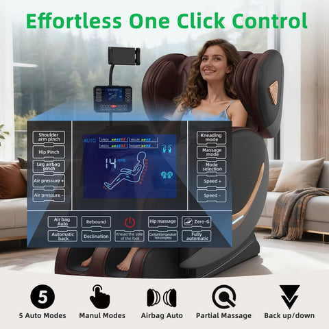 Woman using Zero Gravity Full Body Massage Chair With Upgraded 10 Roller Shiatsu System and control panel display.