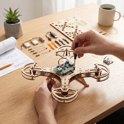 Person assembling Beginner Friendly DIY Wooden Drone Kit With Full Protective Frame on a table with tools and components.