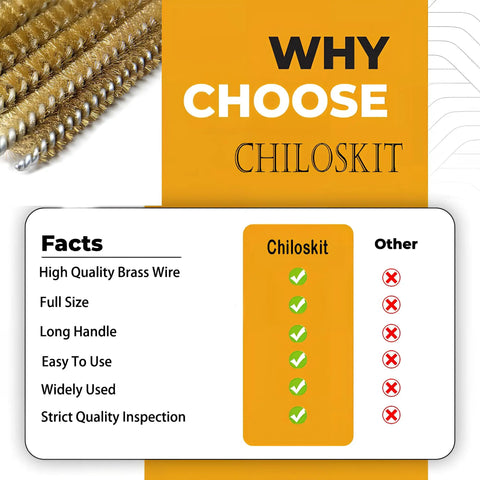 Brass Wire Tube Brush Set 6mm Diameter Flexible Cleaner comparison with Chiloskit brand features and benefits shown.