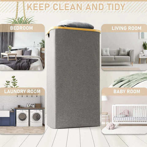 Gray Collapsible Laundry Basket 105L Tall Foldable With Bamboo Handle For Bedroom Bathroom And Laundry Room Display