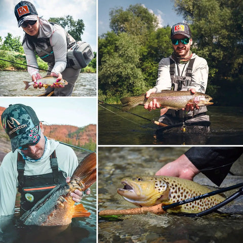All-In-One Fly Fishing Starter Kit With 5 Weight 9 Ft 4-Piece Rod used by anglers with trout catch in river.