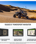 Rugged 8 Inch Touchscreen Powersport GPS Navigator for Off Road SxS Rides with 10 Hz GPS shown in desert setting