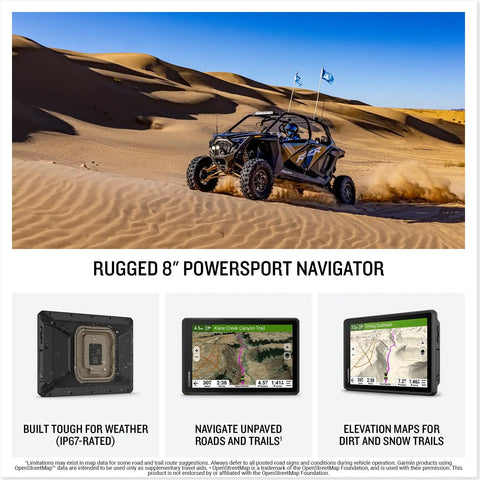 Rugged 8 Inch Touchscreen Powersport GPS Navigator for Off Road SxS Rides with 10 Hz GPS shown in desert setting